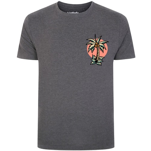 Charcoal crew neck T-shirt with small palm tree chest print.